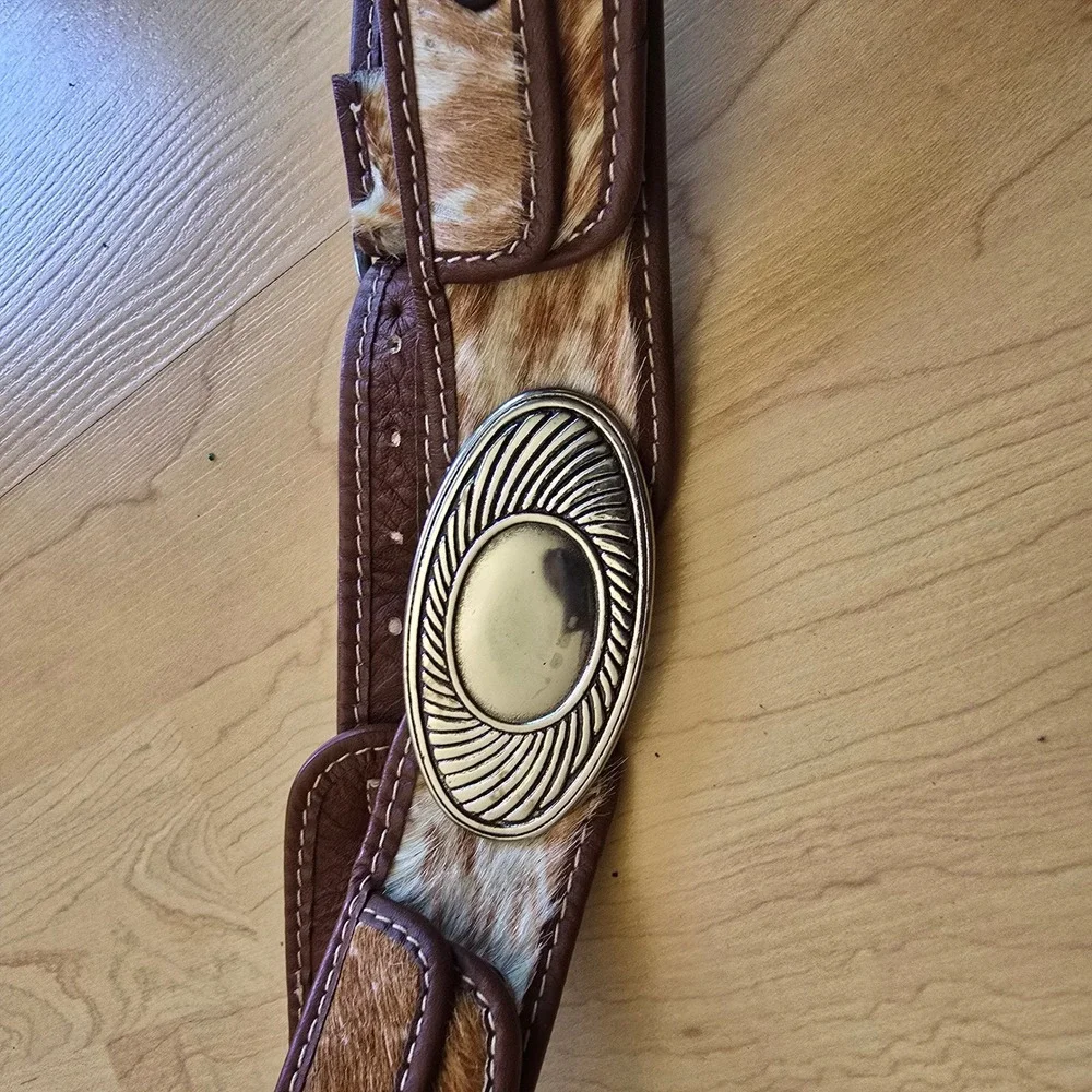 Western Calf Hair Faux‎ Leather Belt with Pouches Tan White Silver Buckle 32in